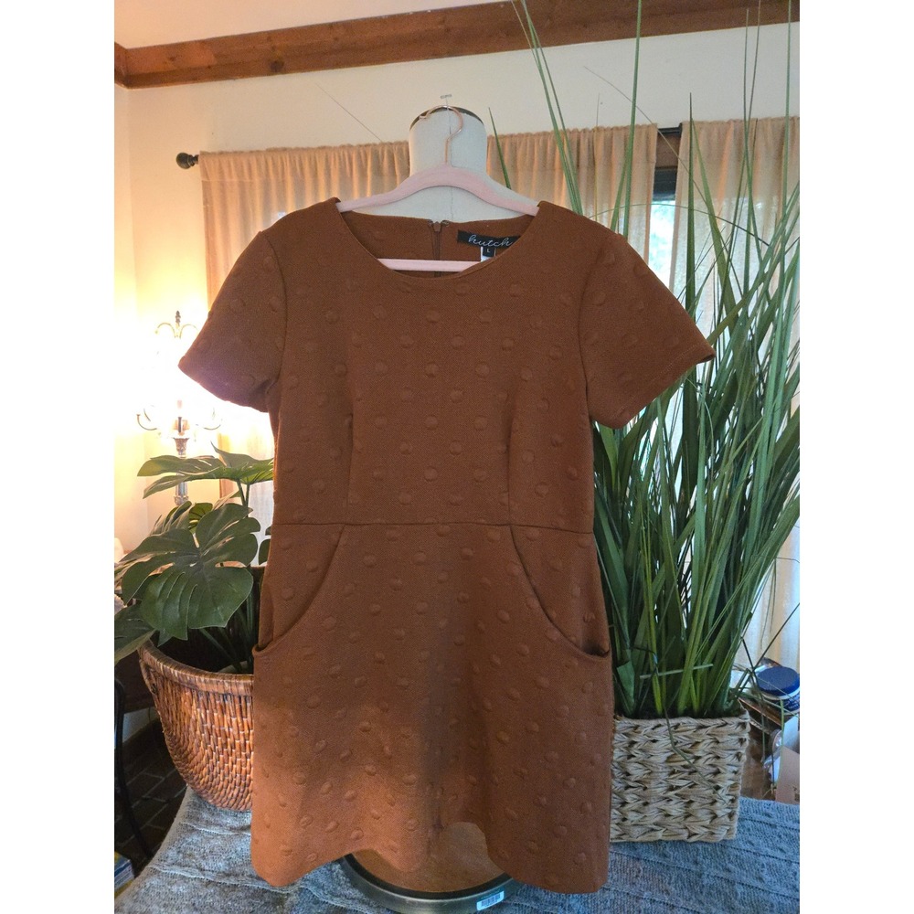 HUTCH Rust Brown Raised Polka Dot Mini Dress with Pockets Size L 1946-SF